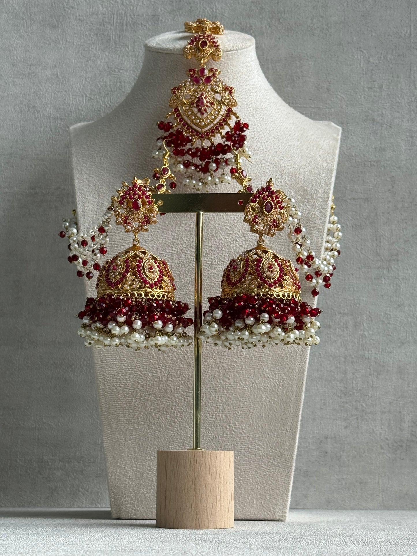Ayura Designs Safia Tikka Set with Sahare Earrings – Ruby Red Beads & Pearls