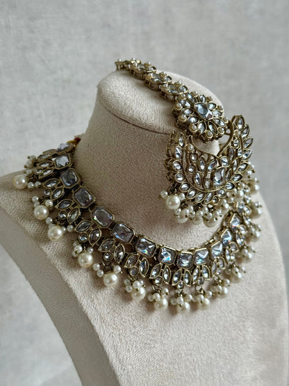 Ayura Designs Sufia Set – Antique Gold Necklace, Mirror-Cut Stones, Jhumkis & Tikka with Pearl Detailing