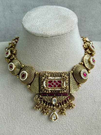 Ayura Designs Purvi Set – Necklace & Earrings with Antique Gold Filigree, Fuchsia Pink & Pearl Detailing