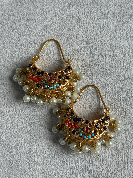 Ayura Designs Rasam Balis – Antique Gold Hoops with Multicolour Stones & Pearl Clusters