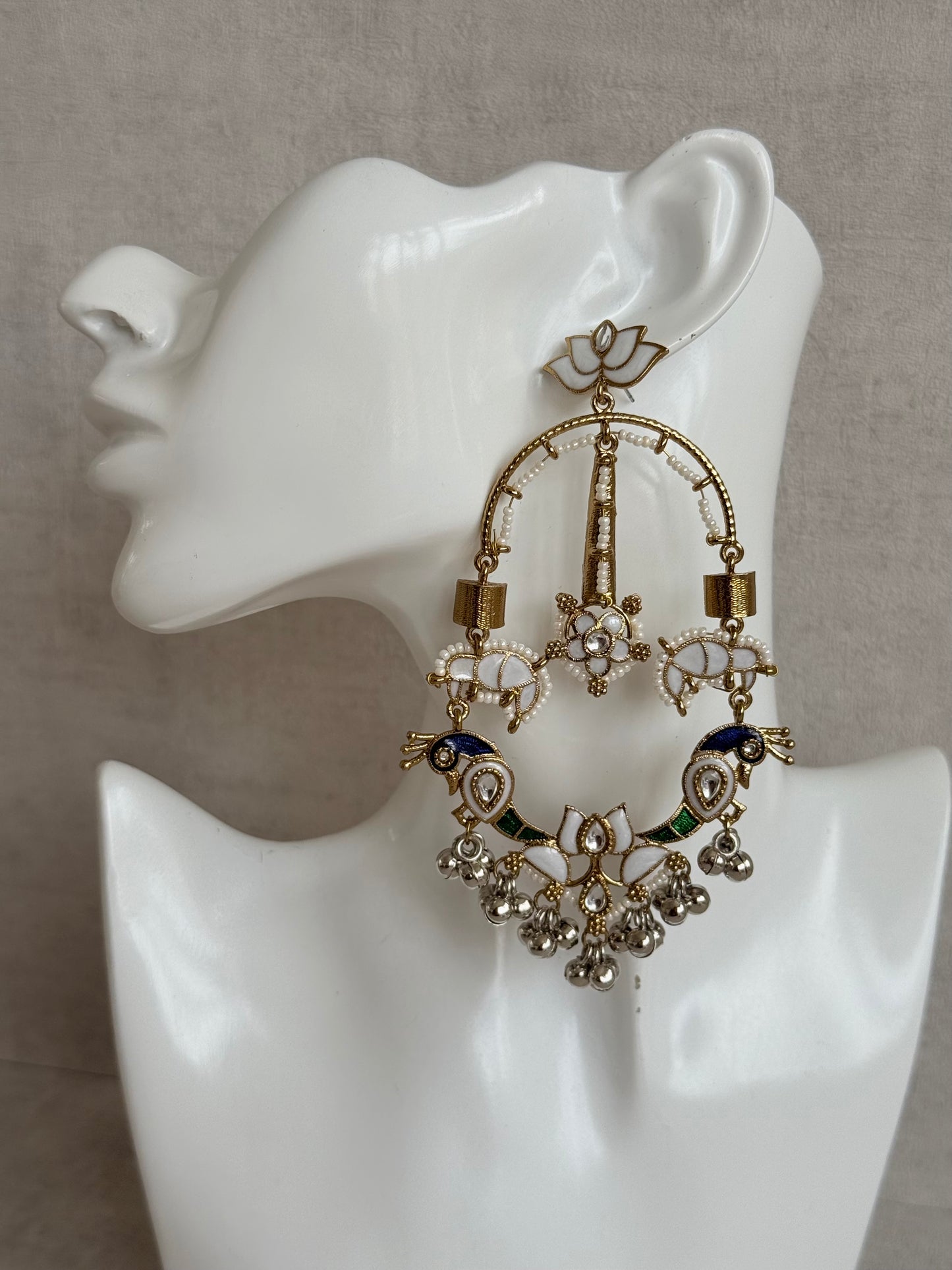 Ayura Designs Zoonpari Earrings – Ivory Pearl, Blue & Green Meenakari Peacock Chandeliers in Dual Tone with Ghungroos