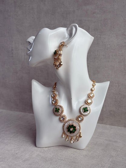 Ayura Designs Wisah Set with Necklace & Earrings – Emerald Green Floral Motifs with Mother of Pearl, Mirror-Cut Stones & Crystal Detailing