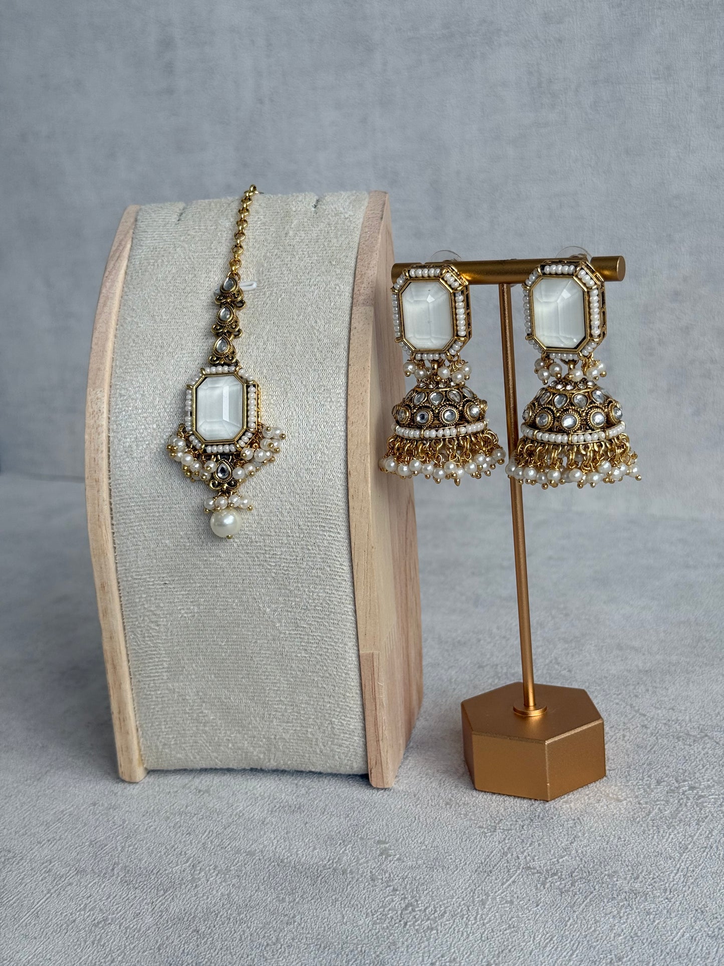 Ayura Designs Heena Tikka Set with Jhumkis – Ivory Stone, Kundan & Pearl Detailing