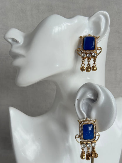 Ayura Designs Aleena Earrings – Sapphire Blue Stone Stud Earrings with Pearls & Ghungroo Detailing
