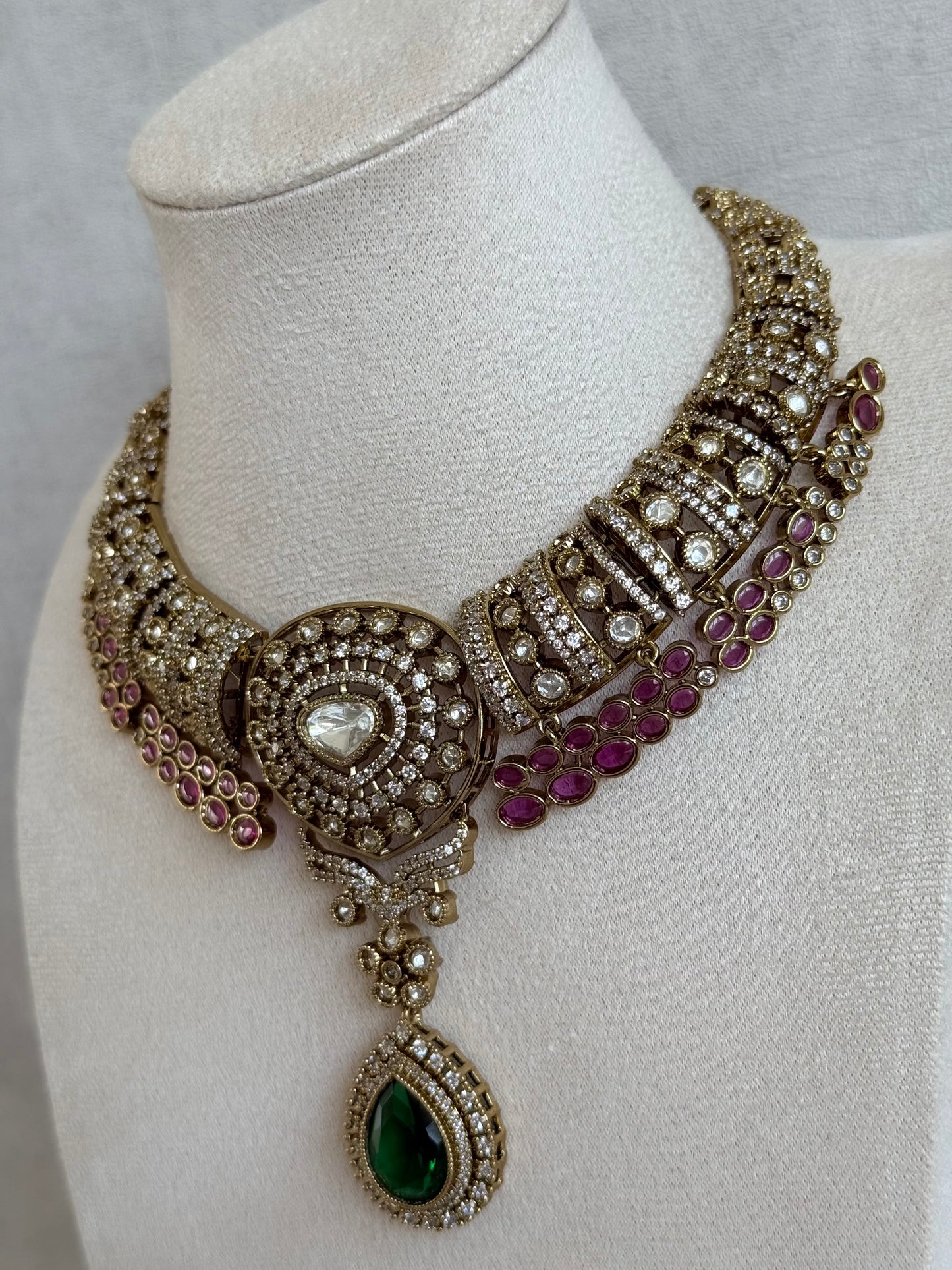 Ayura Designs Ahana Necklace Set with Earrings – Emerald Green Teardrop Stones, Ruby Pink Accents & Moissanite Detailing