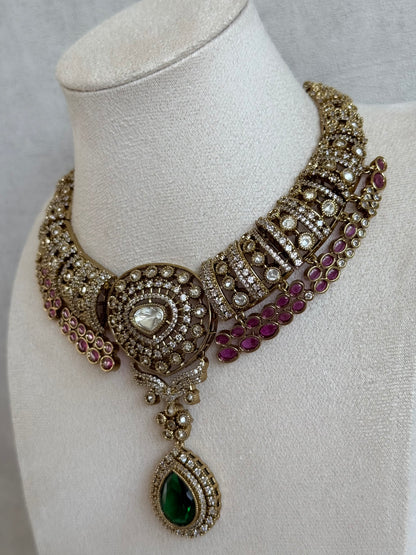 Ayura Designs Ahana Necklace Set with Earrings – Emerald Green Teardrop Stones, Ruby Pink Accents & Moissanite Detailing