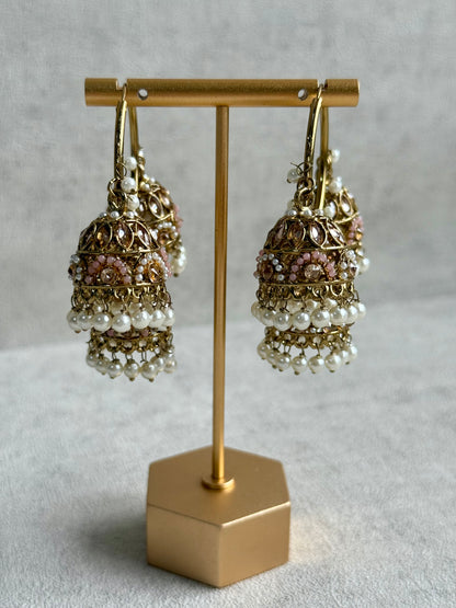 Ayura Designs Nakhra Balis – Blush Pink Triple Dome Earrings with Mirror-Cut Stones & Pearl Detailing