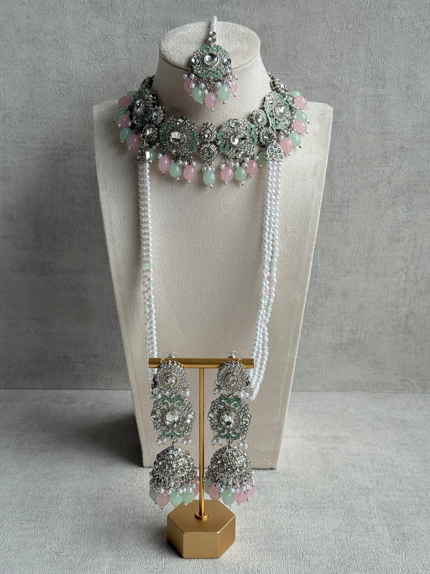 Ayura Designs Uzairah Set with Tikka & Sahare Jhumkis – Pastel Mint & Blush Beads with Pearl Strands & Mirror-Cut Detailing
