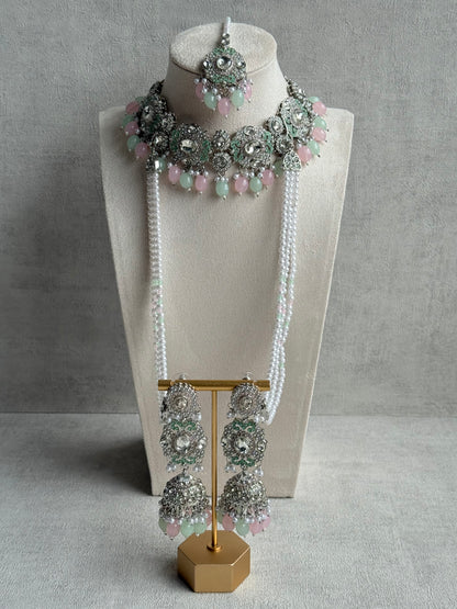 Ayura Designs Uzairah Set with Tikka & Sahare Jhumkis – Pastel Mint & Blush Beads with Pearl Strands & Mirror-Cut Detailing