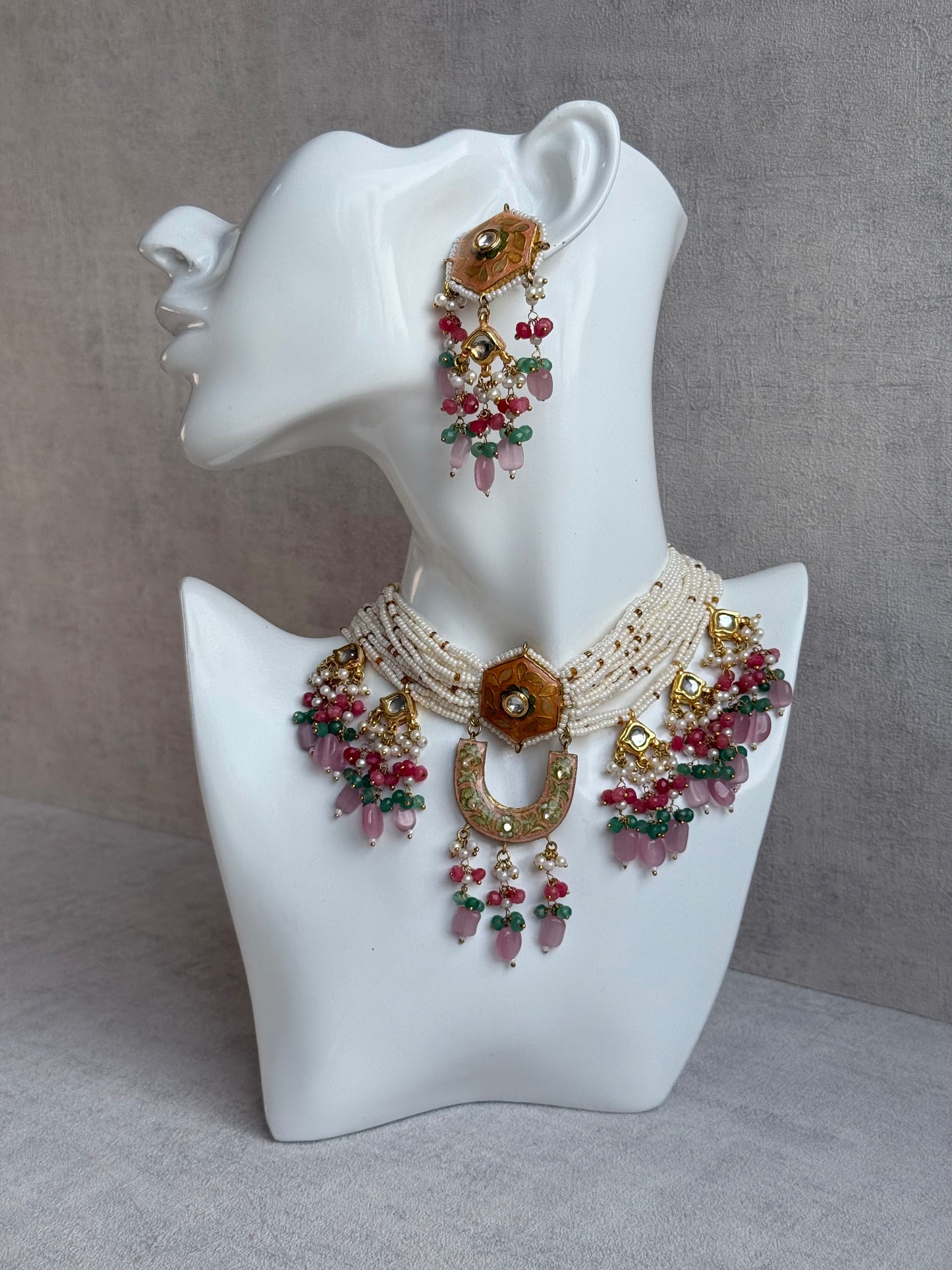 Ayura Designs Elizaar Meenakari Kundan Choker Set with Earrings – Blush Pink & Emerald Green Bead Detailing