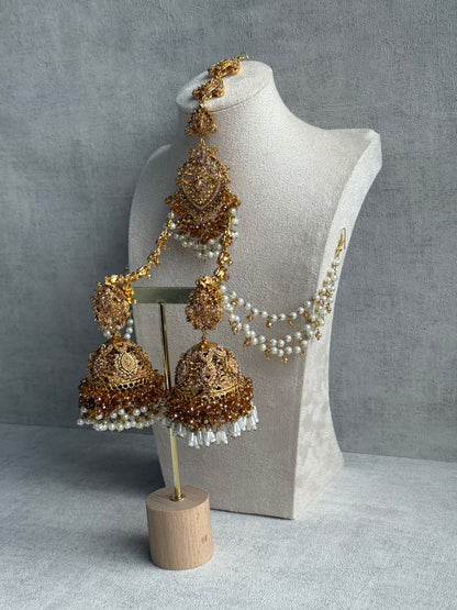 Ayura Designs Safia Tikka Set with Sahare Earrings – Champagne Gold Beads & Pearls