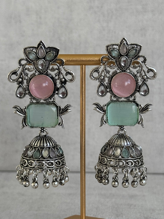 Ayura Designs Noorani Earrings – Oxidised Silver with Pastel Pink & Mint Green Stones, Kundan Detailing & Enamelled Jhumkis