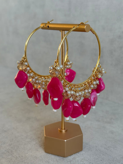 Ayura Designs Heer Balis – Gold Hoops with Hot Pink Marble Beads, Pearls & Crystal Detailing