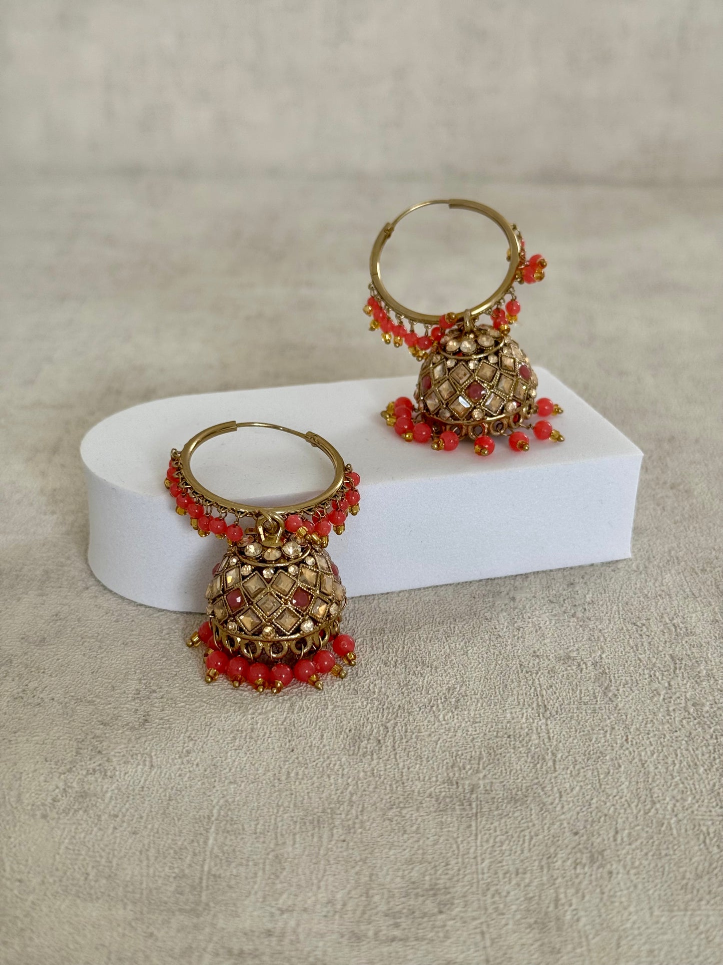 Ayura Designs Jugni Bali Jhumkas – Antique Gold with Coral Peach Beads