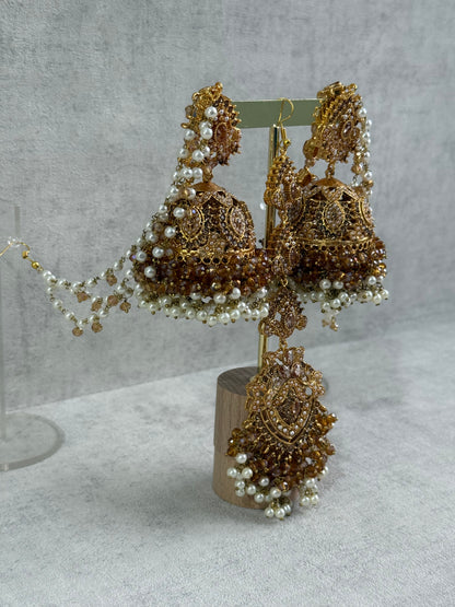 Ayura Designs Noor Set – Choker, Jhumkis with Sahare & Tikka in Champagne Gold with Pearl Detailing