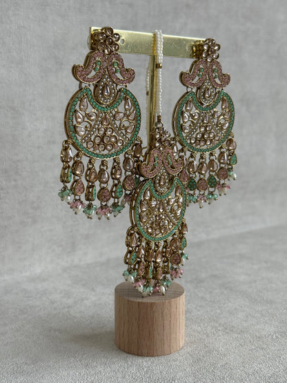 Ayura Designs Anvi Tikka Set with Earrings – Blush Pink & Mint Green with Champagne Stones & Pearl Drops