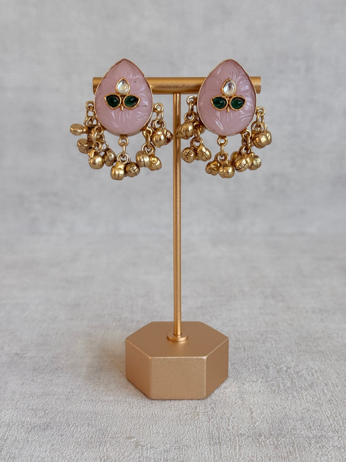 Ayura Designs Aykai Earrings – Baby Pink Carved Teardrop Stud Earrings with Clear Kundan Stones and Gold Ghungroo Drops