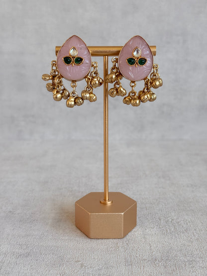 Ayura Designs Aykai Earrings – Baby Pink Carved Teardrop Stud Earrings with Clear Kundan Stones and Gold Ghungroo Drops