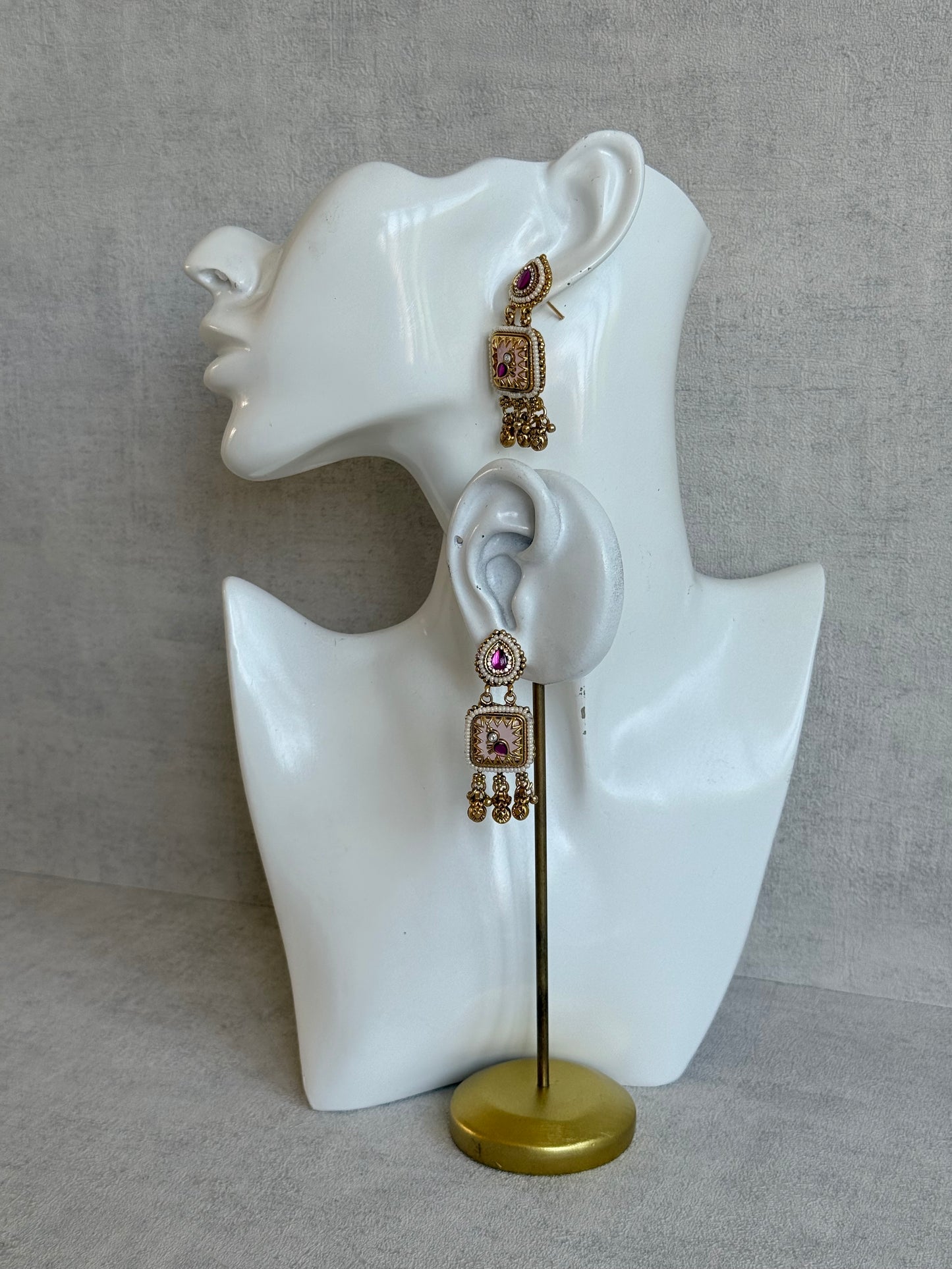 Ayura Designs Inira Drop Earrings – Blush Pink Enamel Bird Earrings with Rani Pink Kundan & Ghungroo Drops