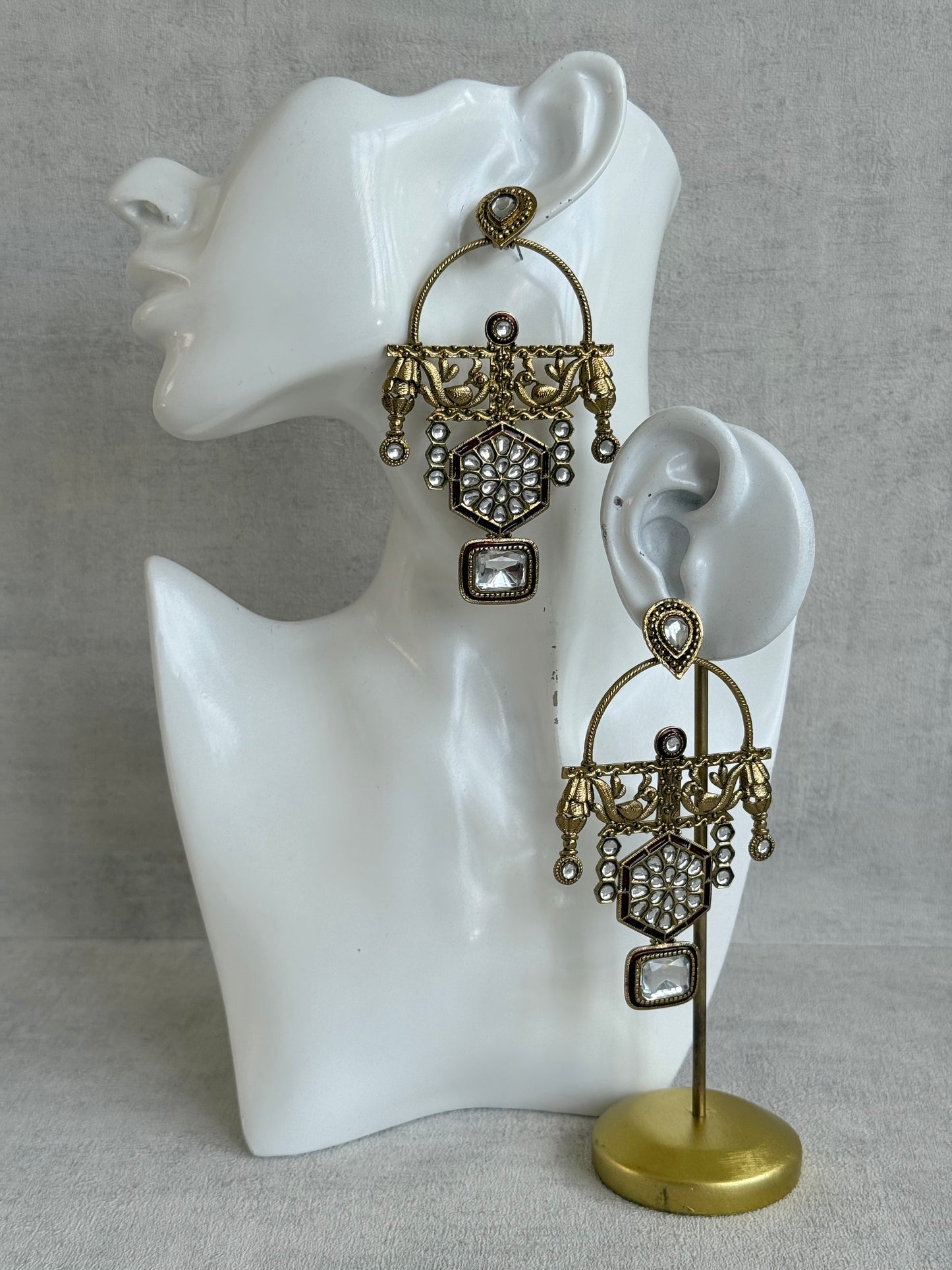 Ayura Designs Irene Earrings – Maroon Kundan, Meenakari & Crystal Peacock Chandeliers in Gold