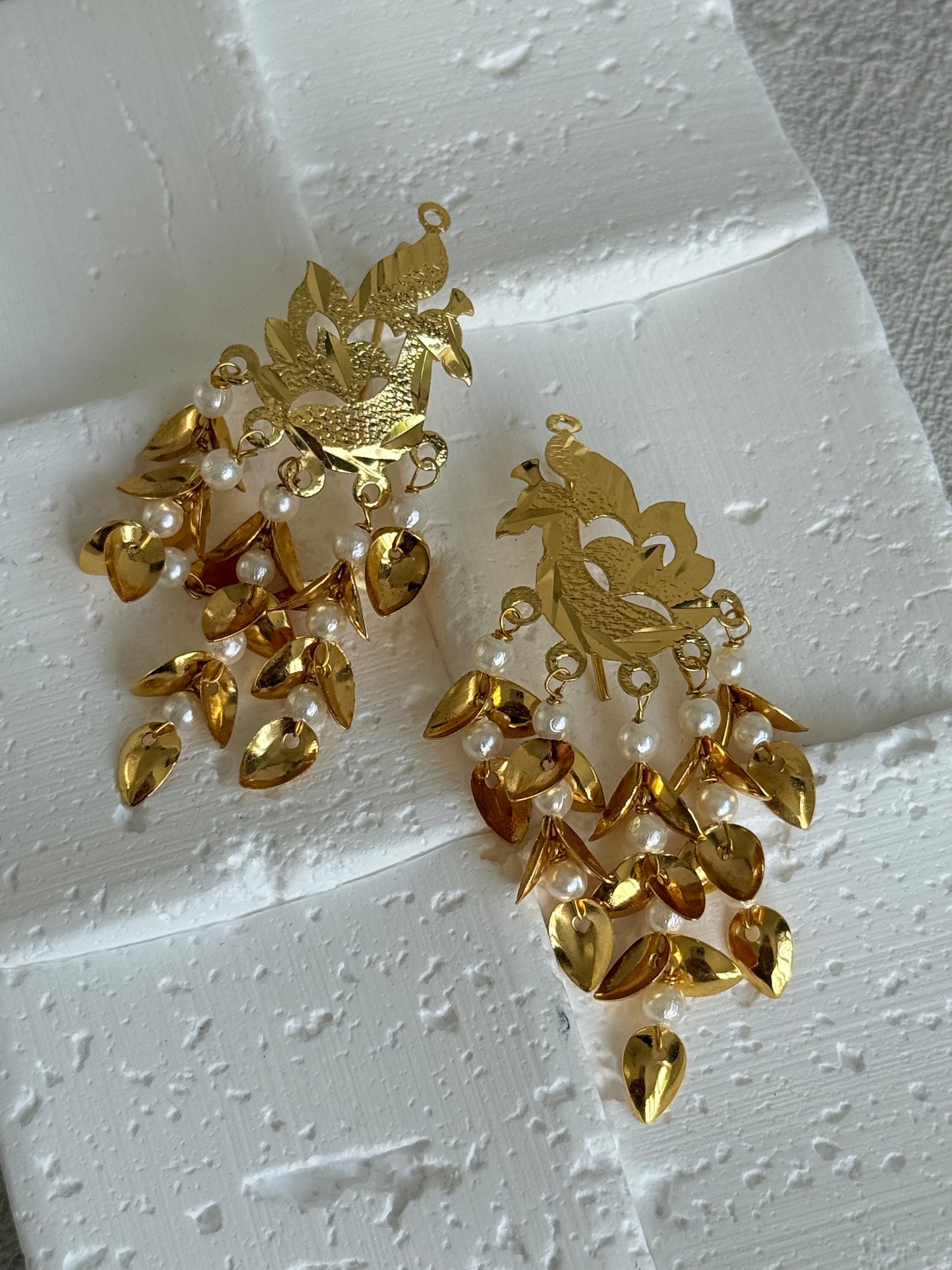 Ayura Designs Patari Earrings – Gold Peacock Pipal Patti Pearl Drop Earrings
