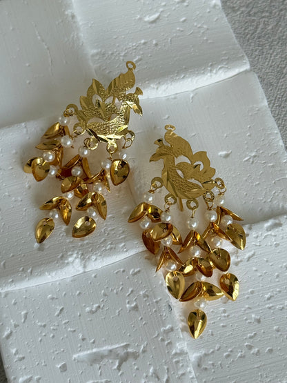 Ayura Designs Patari Earrings – Gold Peacock Pipal Patti Pearl Drop Earrings