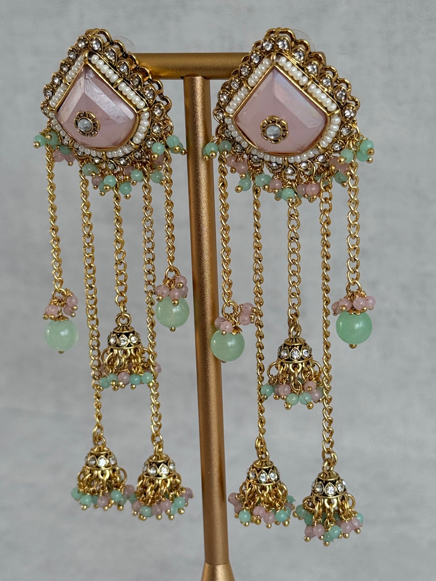 Ayura Designs Tanika Earrings – Blush Pink & Mint Green Duster Earrings with Jhumki Drops