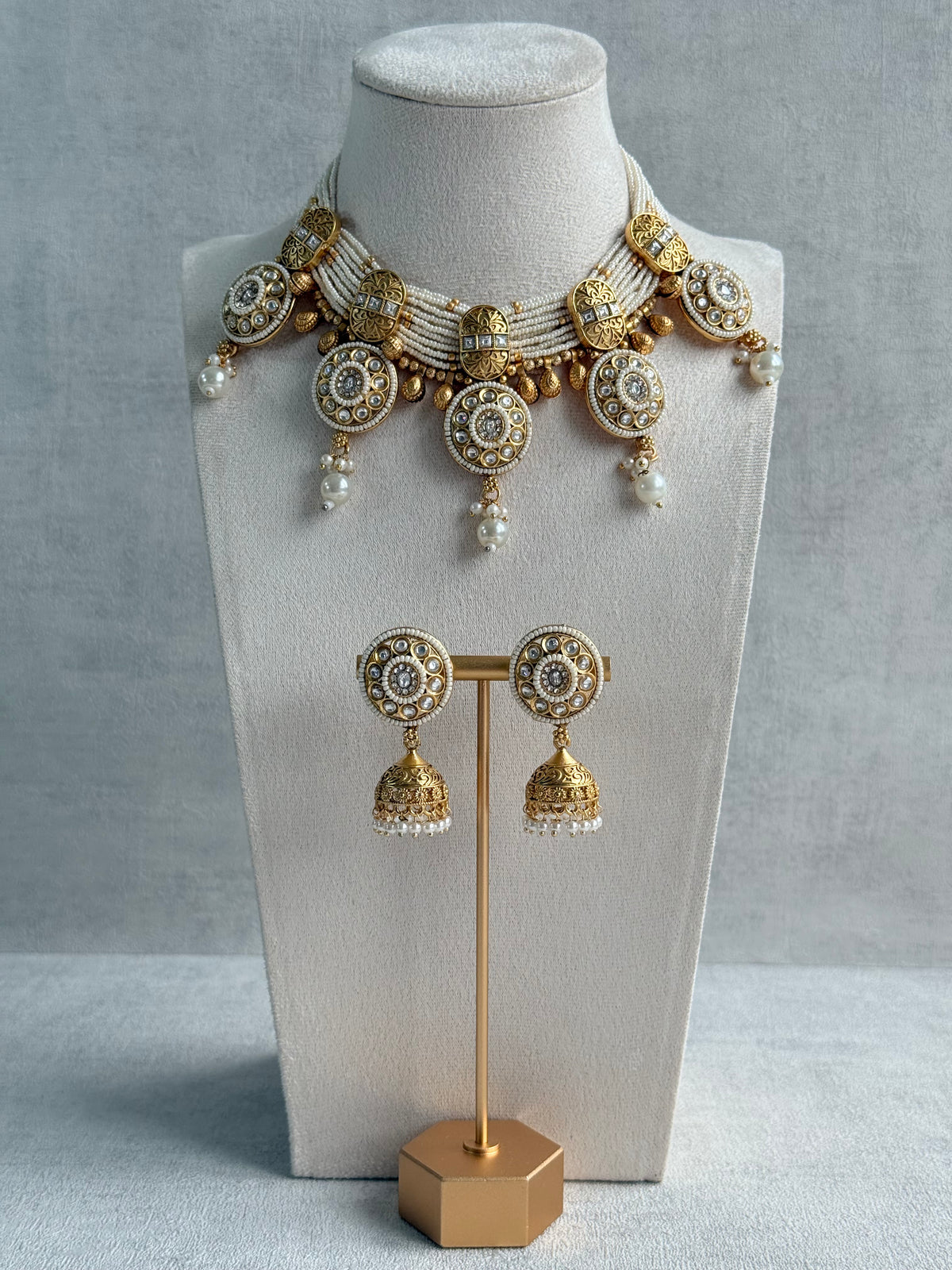 Ayura Designs Kesar Necklace Set with Jhumkis – Multi-Strand Ivory Pearl Design, Kundan Stones & Gold Finish