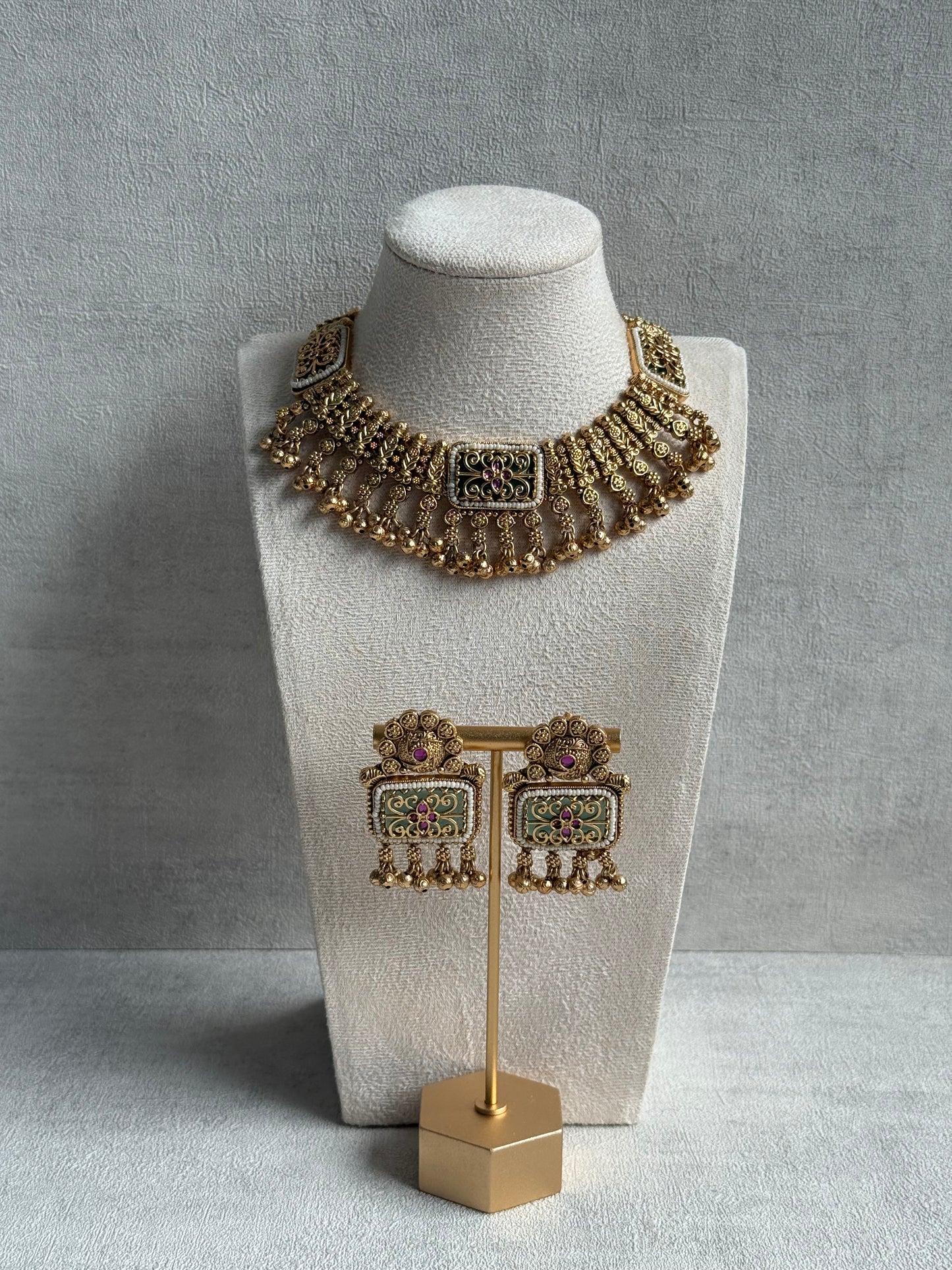Ayura Designs Uma Set – Antique Gold Necklace & Earrings with Mint Green Enamel, Ruby Meenakari & Pearl Detailing