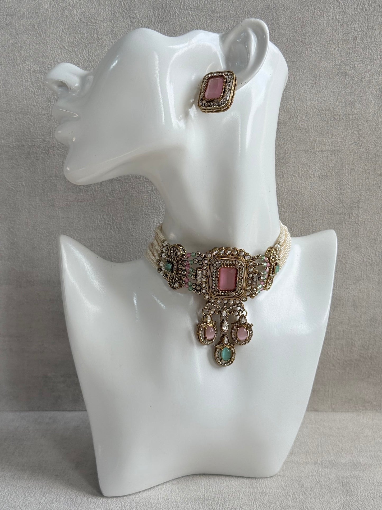 Ayura Designs Nabiha Choker Set with Studs – Blush Pink & Mint Green, Crystal Detailing & Gold Finish