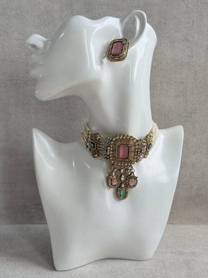 Ayura Designs Nabiha Choker Set with Studs – Blush Pink & Mint Green, Crystal Detailing & Gold Finish
