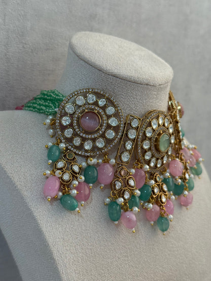 Ayura Designs Harper Set – Antique Gold Choker & Earrings with Mint Green & Blush Pink Beads, Kundan Stones & Pearl Detailing