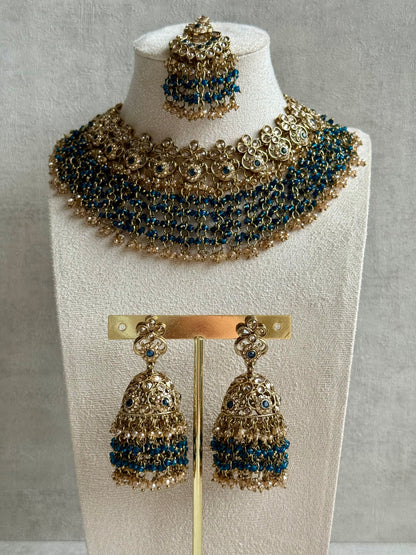 Ayura Designs Mahreen Set – Necklace, Jhumkis & Tikka with Mirror-Cut Stones, Peacock Blue Beads & Gold Finish