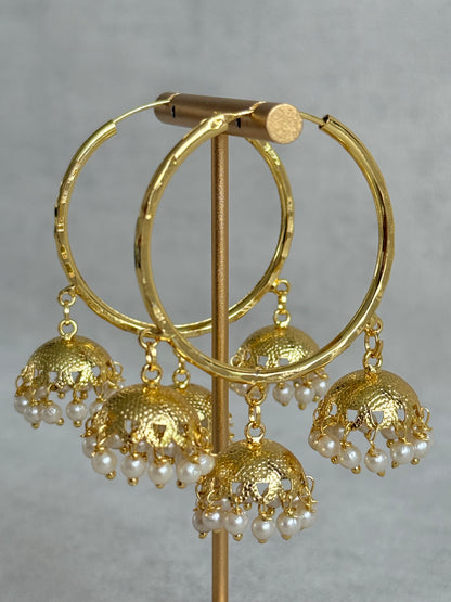 Ayura Designs Anam Balis – Gold Triple Jhumki Hoop Earrings with Pearl Drops