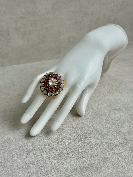 Ayura Designs Lara Adjustable Ring – Mirror-Cut Statement Ring with Ruby Pink Stones & Green Enamel Detailing