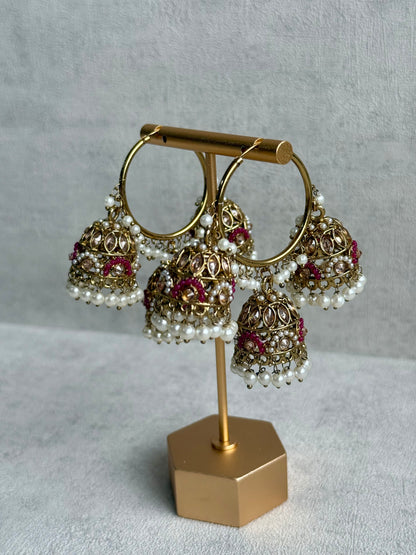 Ayura Designs Nakhra Balis – Fuchsia Triple Dome Earrings with Pearl Clusters & Mirror-Cut Detailing
