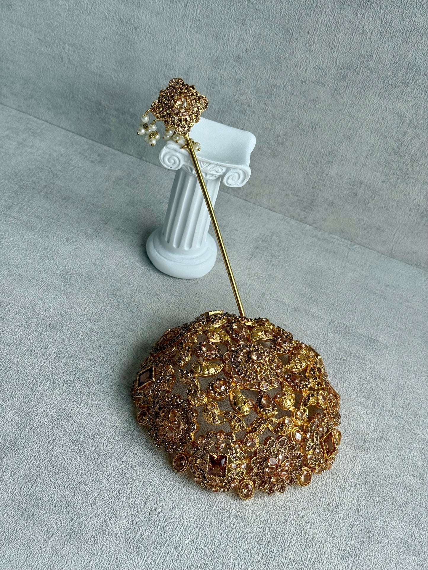 Ayura Designs Lotus Hair Bun Cover – Antique Gold with Champagne Stones & Floral Detailing