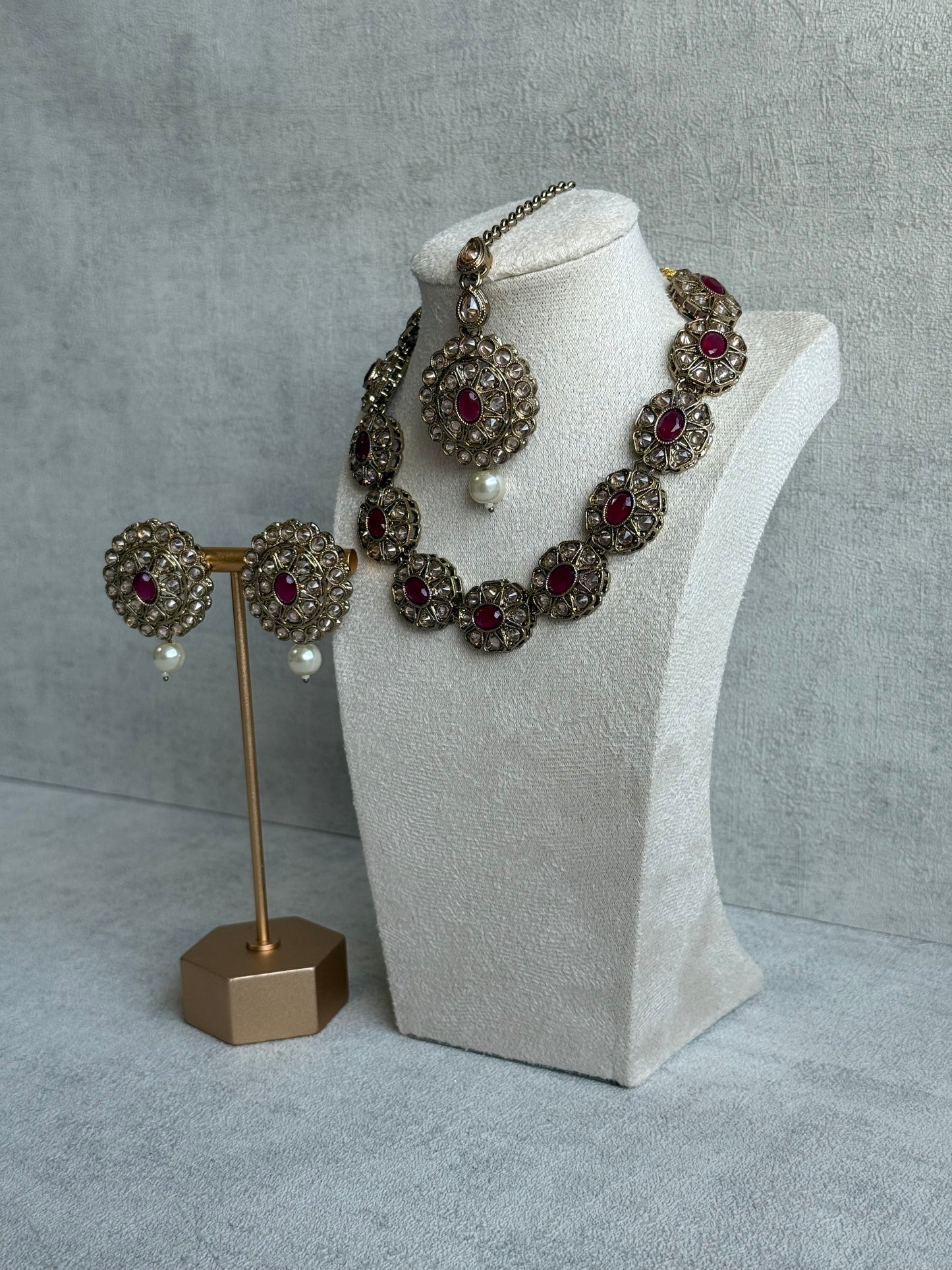 Ayura Designs Sania Set with Necklace, Earrings & Tikka – Ruby Red Stones, Kundan Detailing & Antique Gold Finish