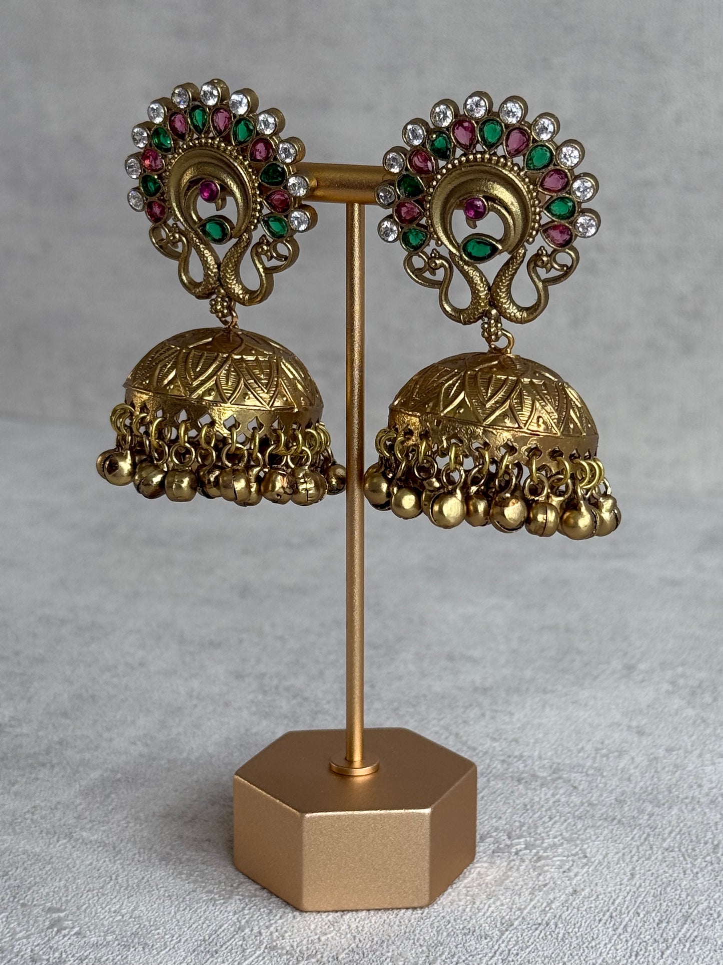 Ayura Designs Moraya Jhumkis – Pink & Green Peacock Motif with Antique Gold Detailing