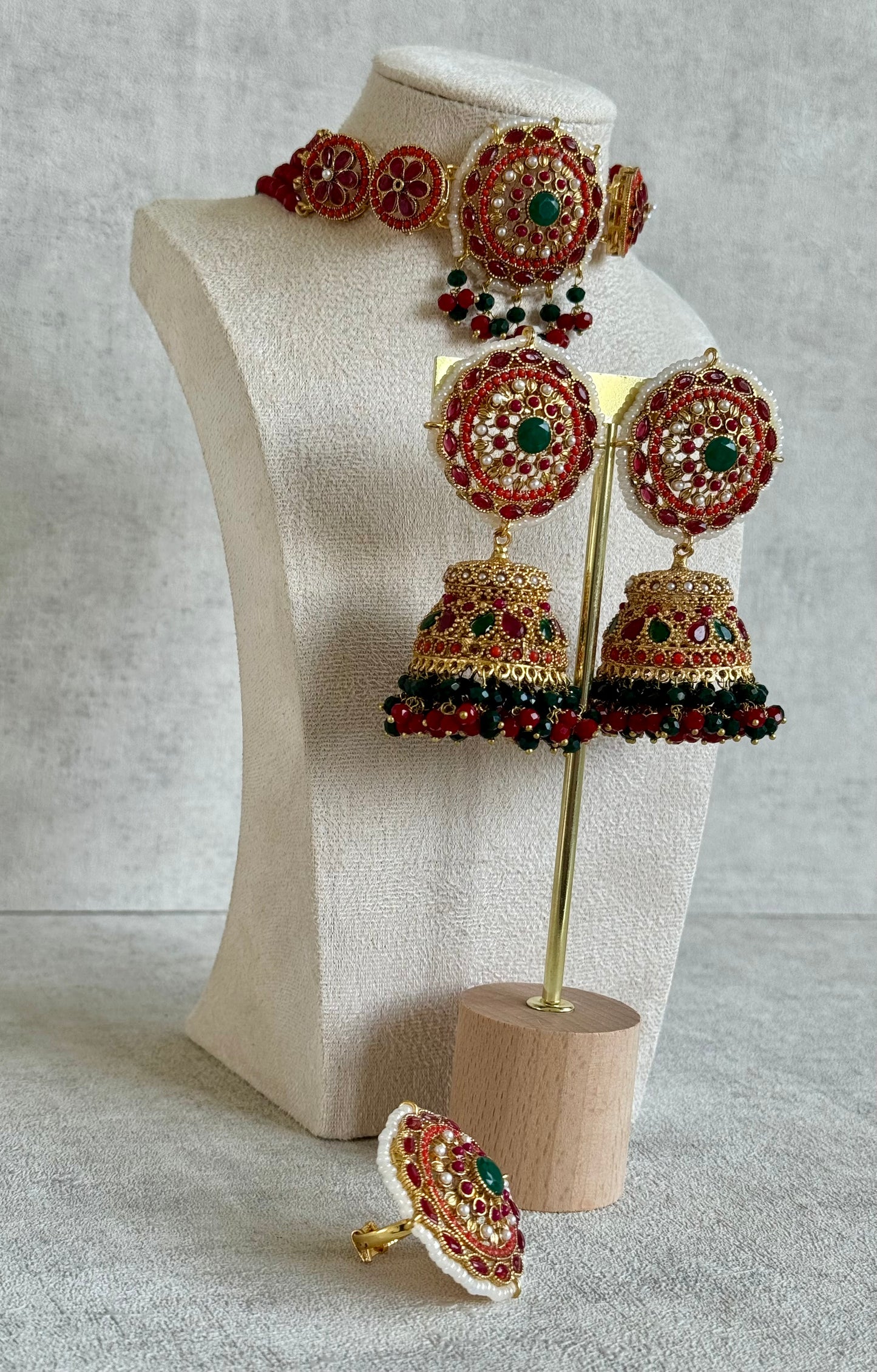 Ayura Designs Lubna Choker Set with Jhumkis & Ring – Ruby Red, Emerald Green & Pearl Detailing in Antique Gold Finish