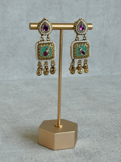 Ayura Designs Inira Drop Earrings – Mint Green Enamel Bird Earrings with Rani Pink Kundan & Ghungroo Drops