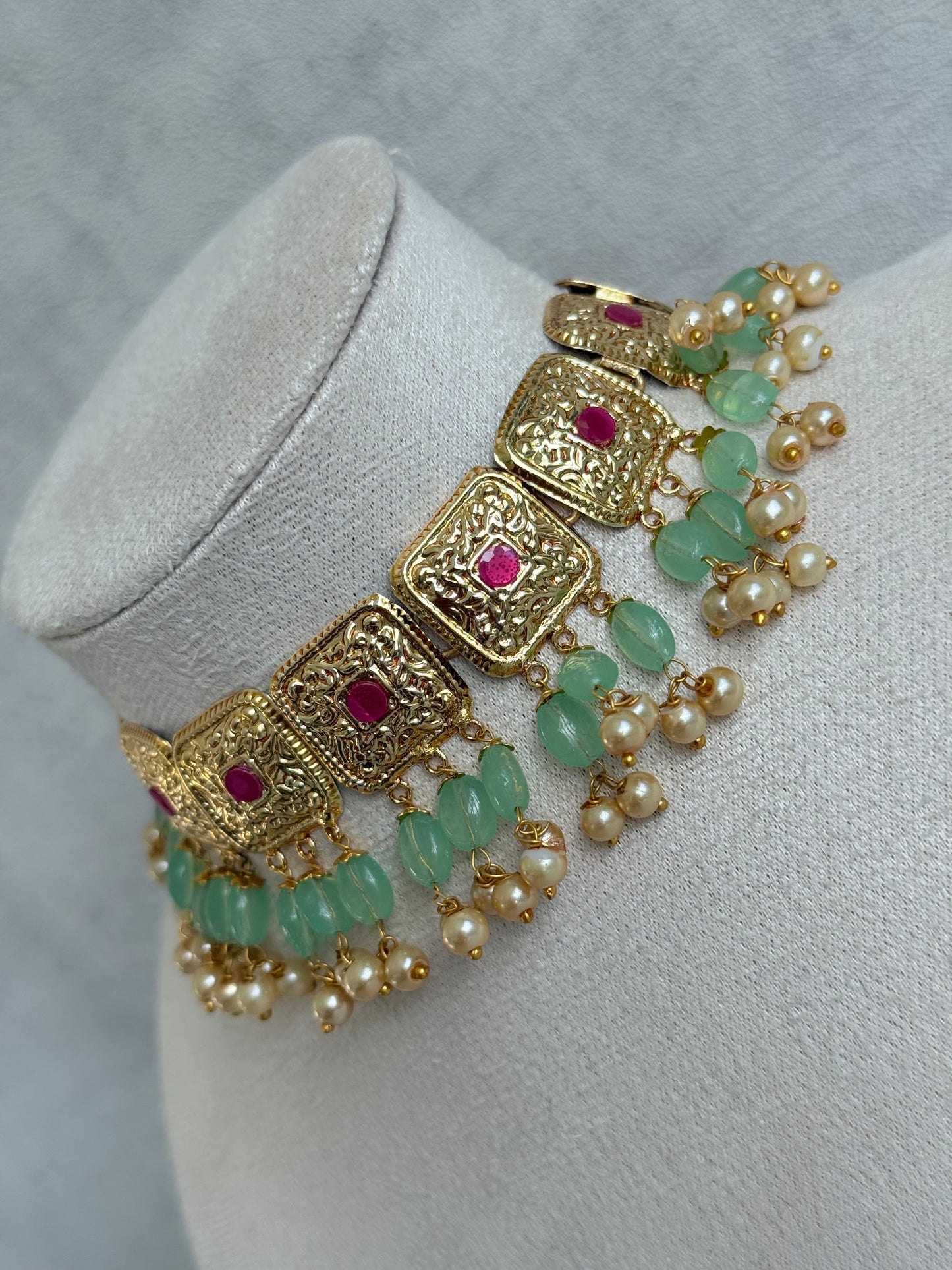 Ayura Designs Chetna Choker Set with Earrings & Tikka – Mint Green Beads, Cream Pearl Drops with Pipal Patti Detailing