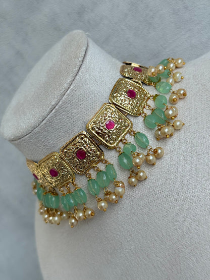 Ayura Designs Chetna Choker Set with Earrings & Tikka – Mint Green Beads, Cream Pearl Drops with Pipal Patti Detailing