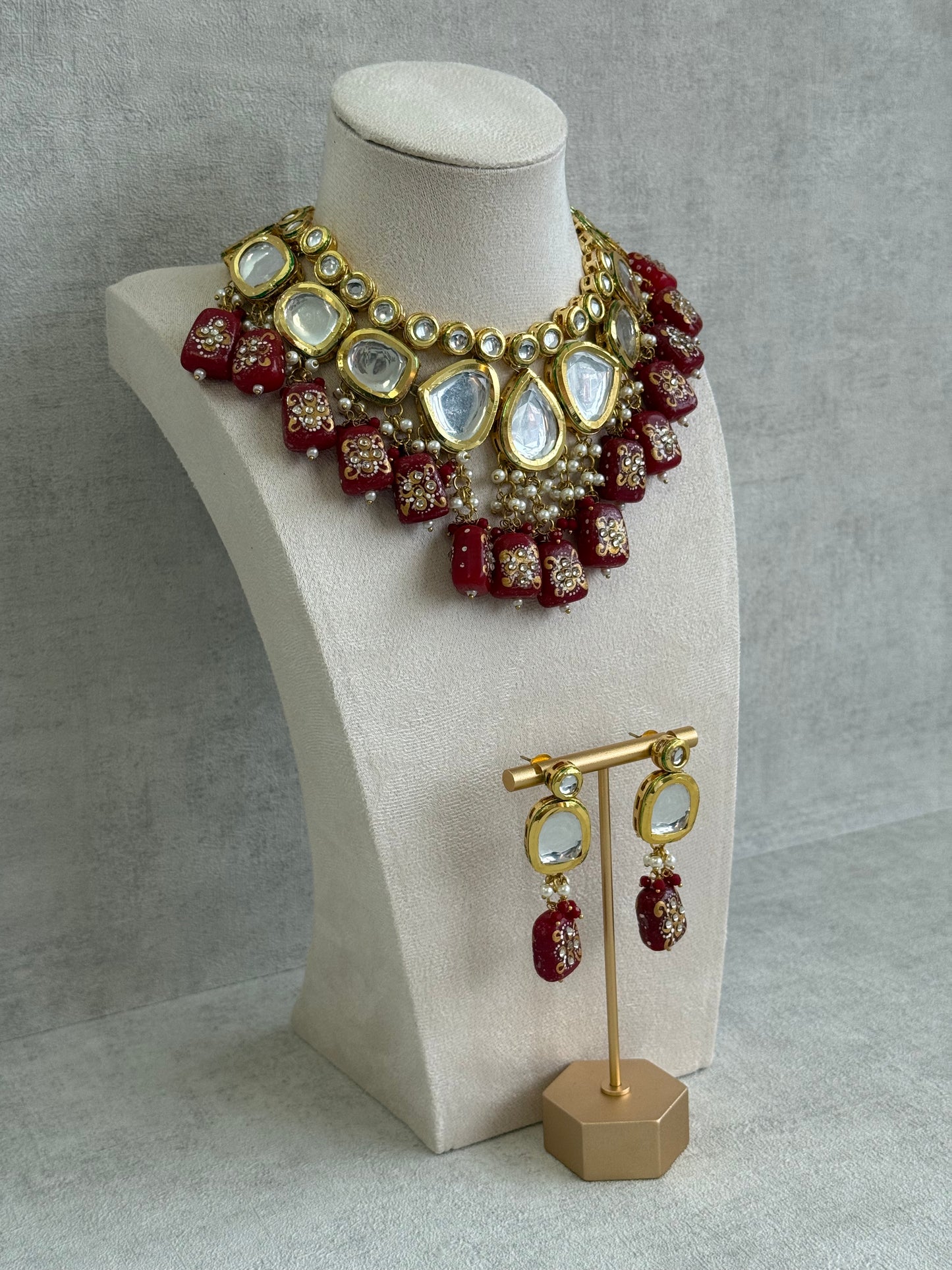 Ayura Designs Omika Set With Necklace And Earrings – Kundan Stones And Ruby Red Meenakari Drops