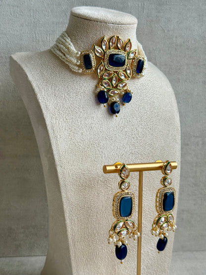 Ayura Designs Raaz Set with Necklace & Earrings – Ink Blue Stones, Kundan Detailing & Antique Gold Finish