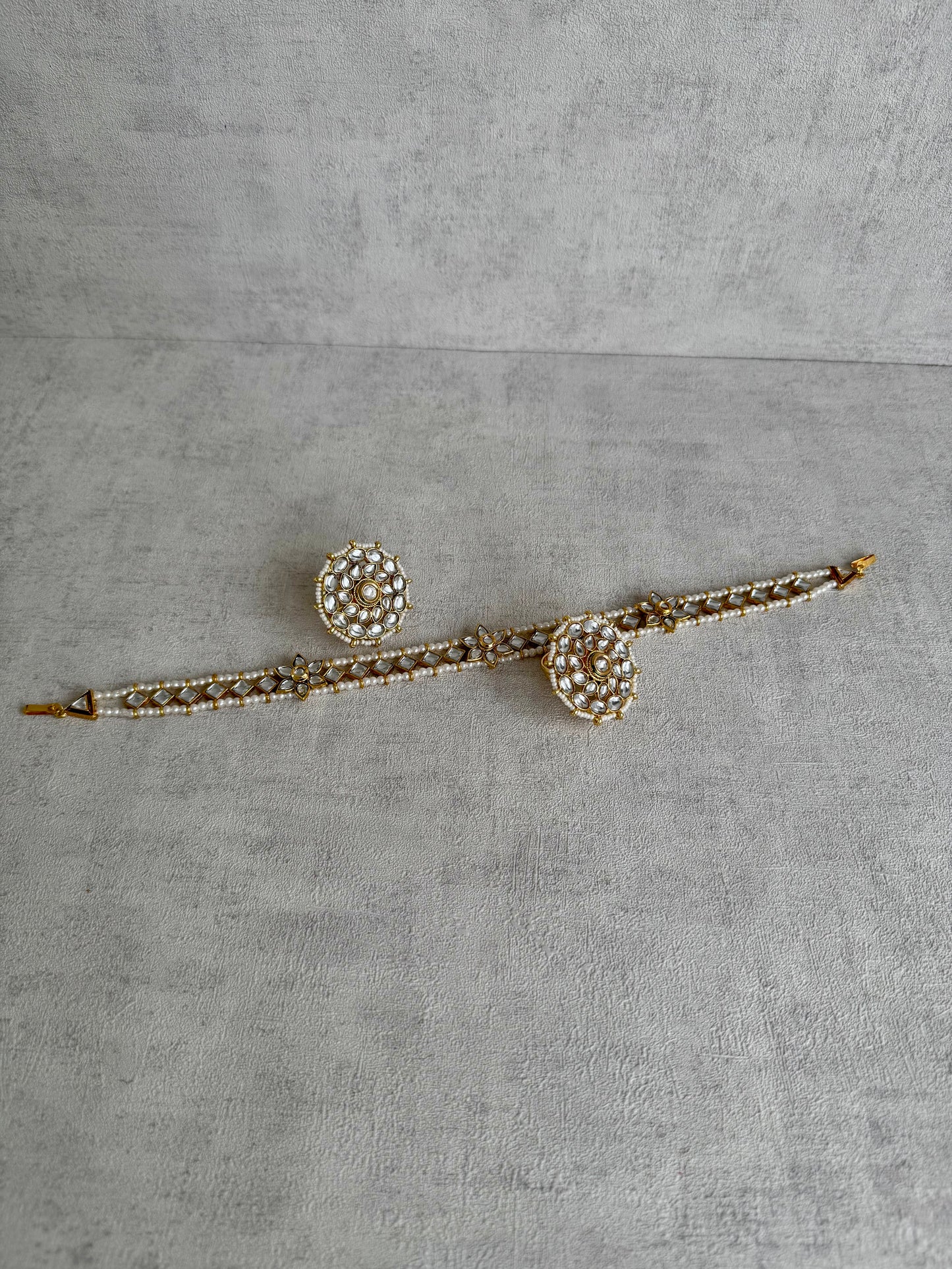 Ayura Designs Meherbano Bridal Set with Necklace, Jhumkis, Tikka, Nath, Ring & Sheeshphool – Mirror-Cut Stones with Pearl Detailing