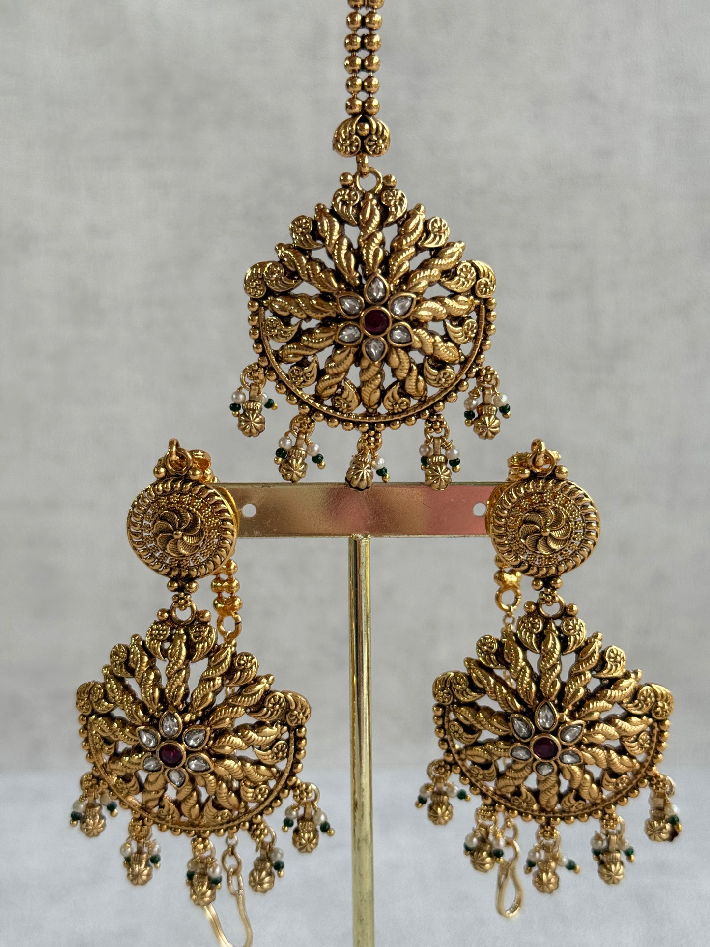Ayura Designs Survi Tikka Set with Sahare Earrings – Antique Gold with Kundan, Pink Stones, Ivory & Green Beads