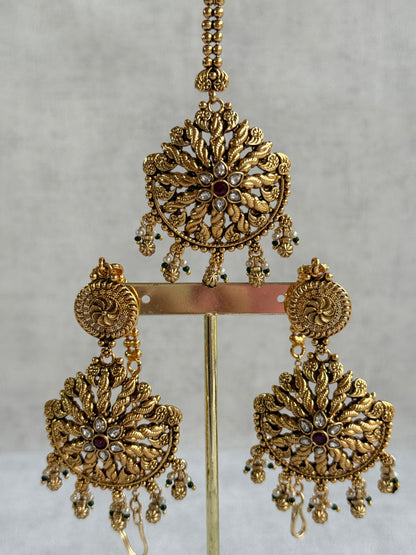 Ayura Designs Survi Tikka Set with Sahare Earrings – Antique Gold with Kundan, Pink Stones, Ivory & Green Beads