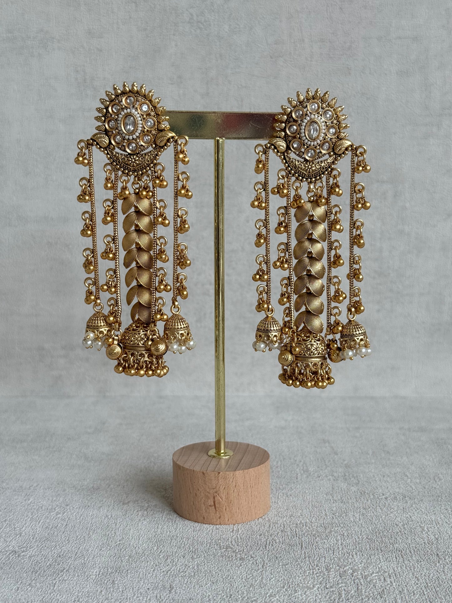 Ayura Designs Ishya Jhumkis – Gold Ghungroo Chain Earrings with Ivory Kundan & Pearls