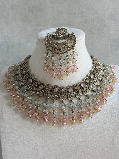 Ayura Designs Dilnaz Necklace Set – Blush Pink, Aqua & Champagne Crystal Beads